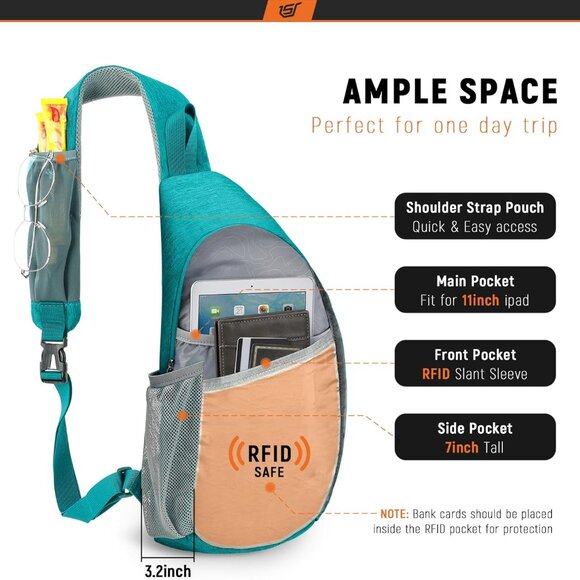 Cyan RFID Crossbody Sling Backpack with 5 Pockets, Water-Resistant Polyester, 15 - Picture 2 of 6